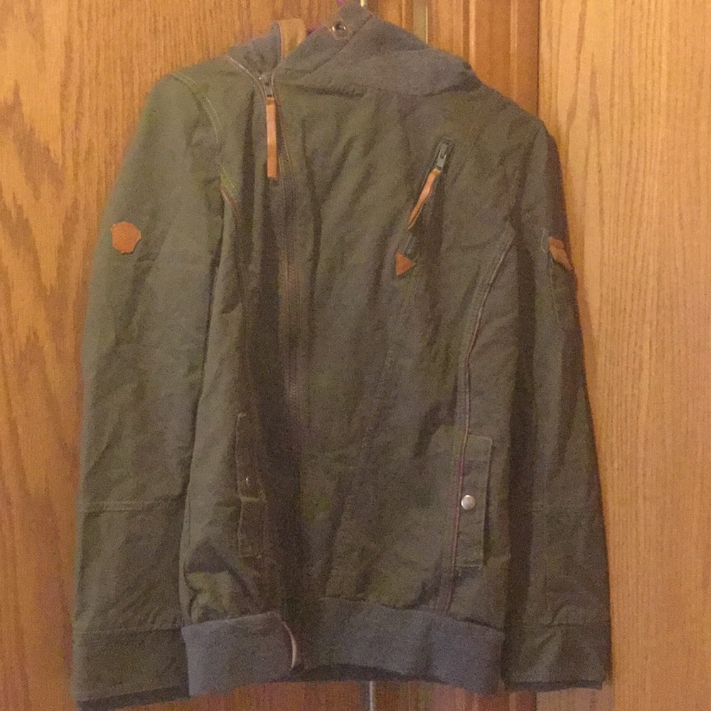 Army green zip up fleece jacket with a hood